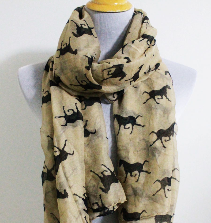 Khaki Horse Scarf Running Horse Scarf Brown Horse Scarf