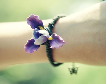 Dazzling iris flower BRACELET. 3D polymer clay art piece