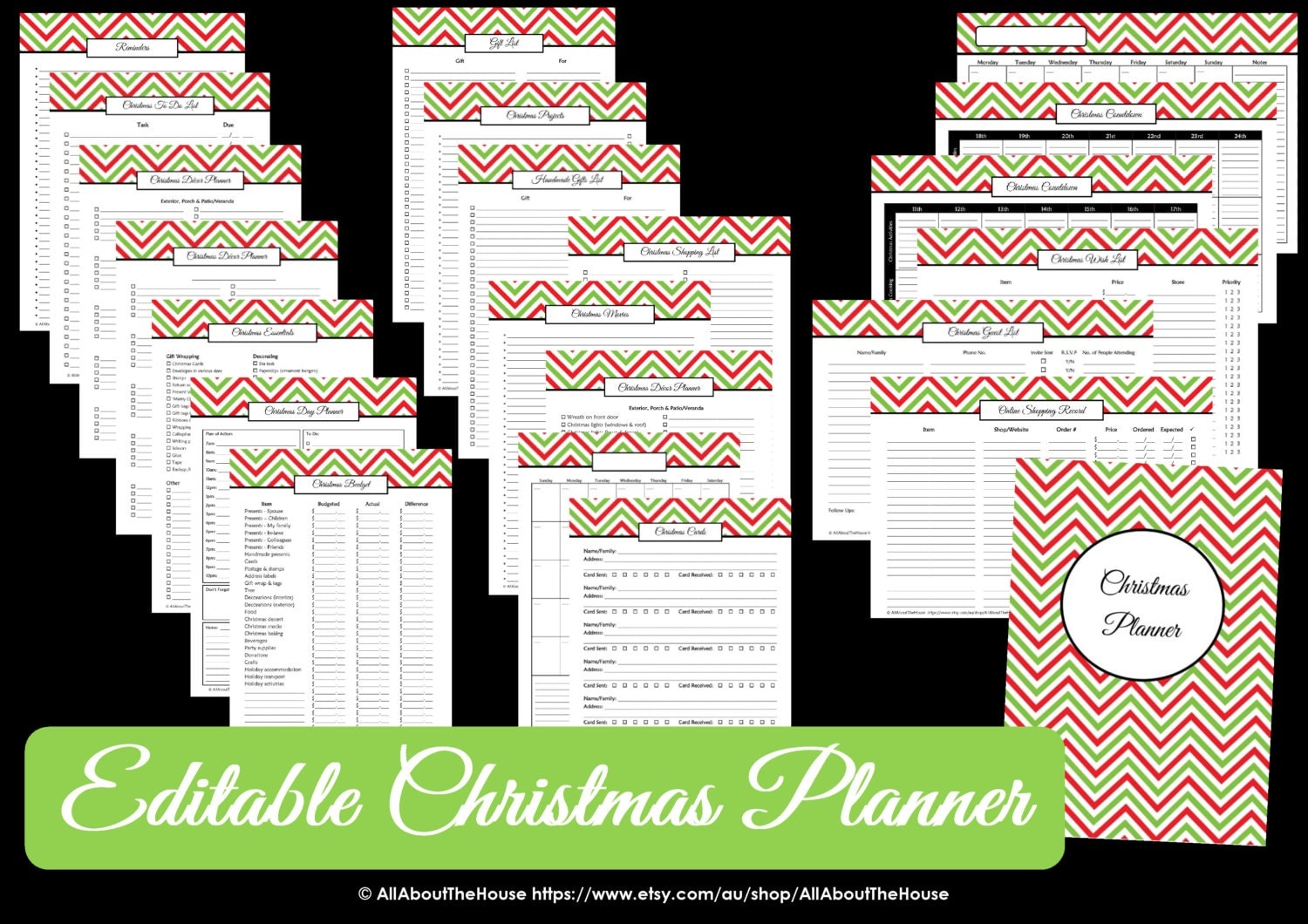 christmas planner printable, editable, bucket list, wish list, christmas cards, christmas budget, planner cover, christmas menu, checklist