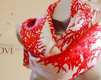 Perfect birthday gift for her!Double silk satin fabric, Beautiful 100% silk scarf.silk long scarf, red coral print scarf, silk scarf