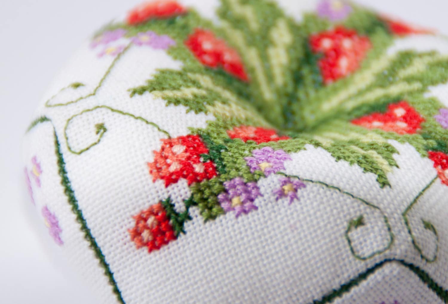 PIN CUSHION with cross stitch strawberries