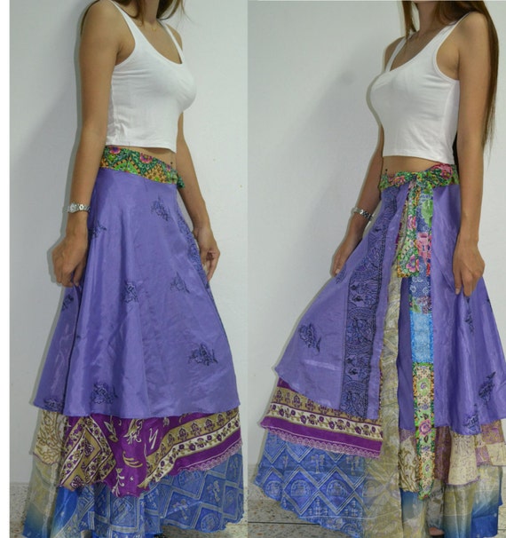 3 Layers Long Wrap skirt India Sari Hippie Violet by Beeskirt