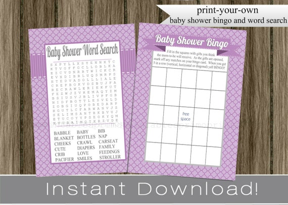 Purple Baby Shower Games Bingo and Word Search Cards , INSTANT DOWNLOAD diy digital printable files , girl babyshower Il_570xn