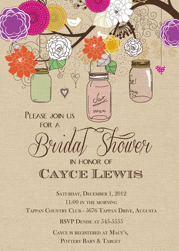 Rustic Mason Jar Tree Bright Summer Colors Burlap Bridal Shower Invitation - Printable Il_570xn