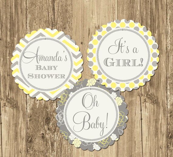Yellow & Grey Floral Baby Shower Party Rounds Cupcake Toppers- Printable Il_570xn