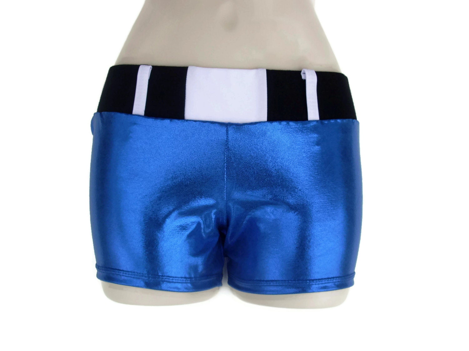 Blue spandex cheer shorts with white belt loops
