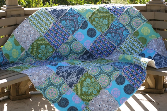 Picnic Quilt,  Rag Quilt, Lap Quilt, Throw Quilt, Cotton, 2nd Anniversary Gift, Amy Butler, Cameo, Aqua, Blue, Grey, Teal, Violet, Olive