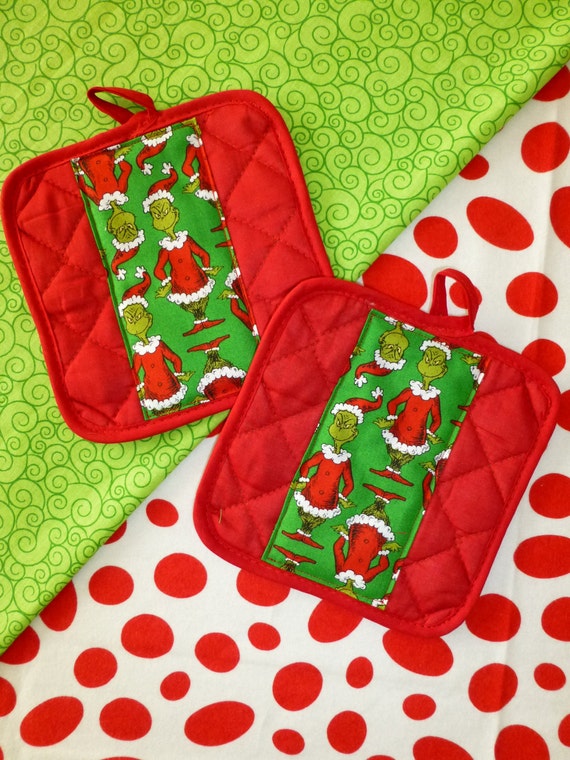 Items Similar To Grinch Pot Holders Bright Red With Fun Santa Grinch