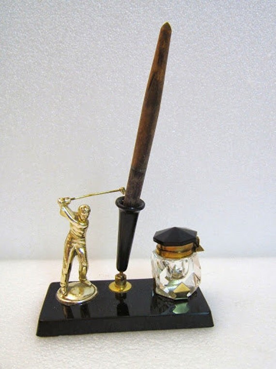 French vintage antique art deco Ink Stand pen holder solid