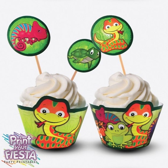 Print Your Fiesta Reptile Party printable cupcake Kit - cupcake wrappers and toppers, chamaleon, lizard, crocodile, frog, snake, turtle Il_570xn