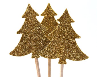 20 Golden Christmas tree, Topper, Toothpicks, Party Glitter, Picks, Cupcake Topper, Baby Shower Decoration, Birthday Pick Glitter