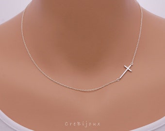 Sideways Cross Necklace / on the side, minimalist cross jewelry, small cross necklace / N115