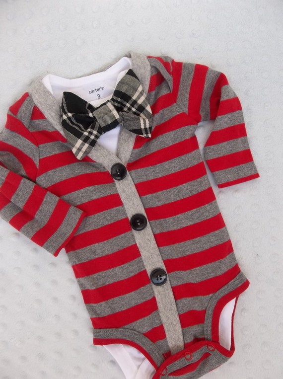 Baby Boy Cardigan Set Red with Black Plaid Bowtie Oh How Handsome
