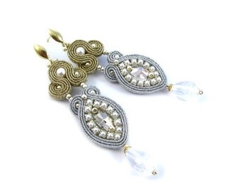 Soutache nupcial de la joyería de pendientes de novia pendientes de clip en clip hacia atrás. Aretes de Dama de honor, joyería de la novia de la boda. Pendientes de boda a mano