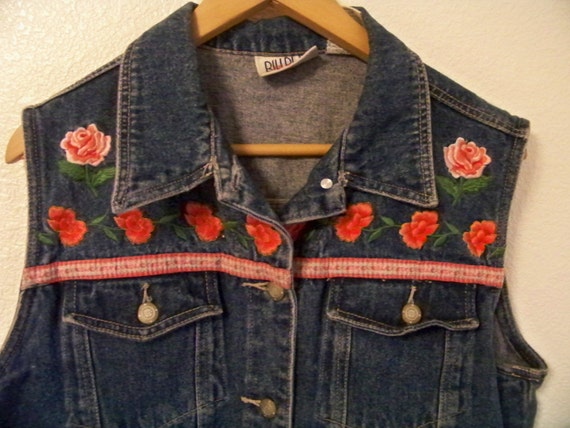 L 90s Floral Denim Jean Jack Vest Button Up by DaizyLemonade