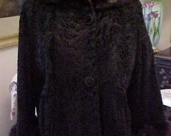Vintage Black Fur Broadtail Jacket with Mink Rolled Collar and Cuffs 1960s, Lovely, 2194