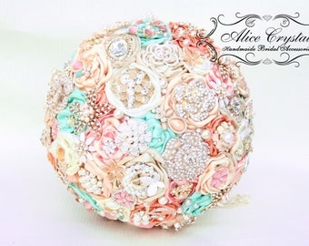 Brooch bouquet.Ivory and Champagne,mint, peppermint and pink wedding brooch bouquet, Jeweled Bouquet.