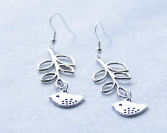 Silver Bird Branch Earrings / Silver Branch with Bird Dangle Earrings / Bridesmaid Gift / Wedding Gift / D054