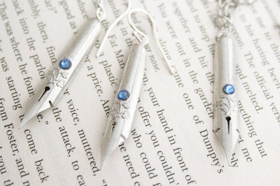 Jewelry Set Pen Nibs Necklace and Earrings, Wedding blue, dip pen nib jewelry set, Silver and Blue, Fountain Pen nib, Poetic bride