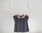 peter pan collar top, floral collar, toddler size, navy knit, size 12 months to 5t