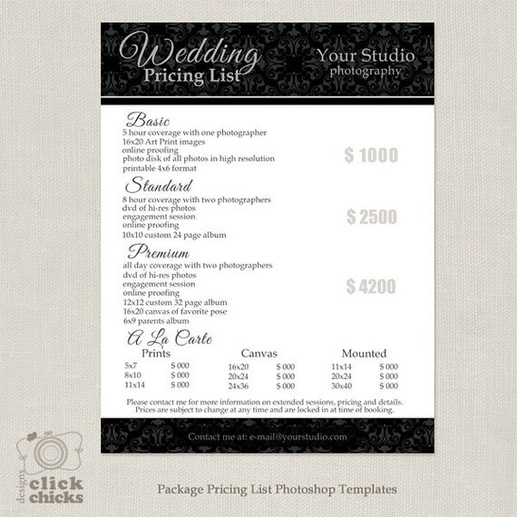 Photography Package Pricing List Template Wedding