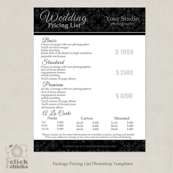 Photography Package Pricing List Template Wedding