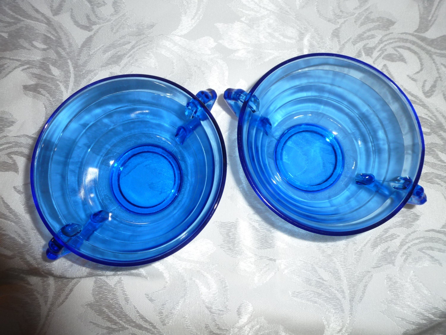 Two Moderntone cobalt blue depression glass cream soup bowl, double