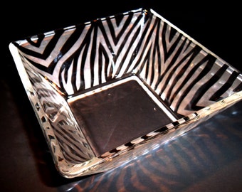 Zebra print etched bowl. Candy dish, zebra decor, serving dish.