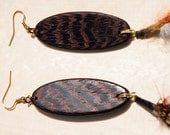 Handcrafted Exotic African Wenge Hardwood Earrings with Red and Gold Feathers