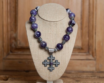 Ronnie Willie stamped Navajo mission crosses within a cross with sugilite embedded paired with amethyst and sterling silver beads