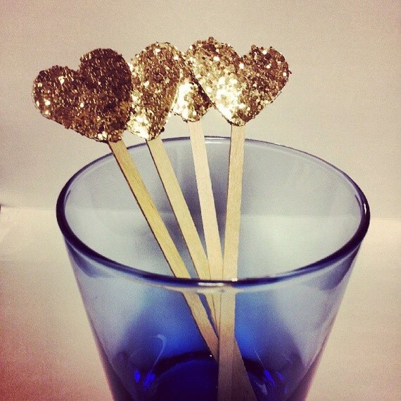 Items similar to Gold Glitter Heart Drink Stirrers Cupcake Toppers on Etsy