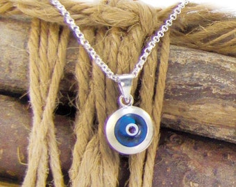 Blue Evil Eye Necklace, silver evil eye pendant necklace, eye charm, talisman necklace, greek mati, hamsa, kabbalah necklace