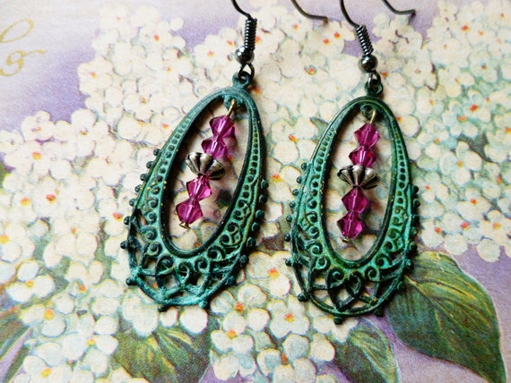 verdigris filigree hoop earrings