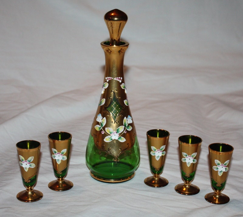 Vintage Emerald Green Glass Decanter Set with Gold Overlay and