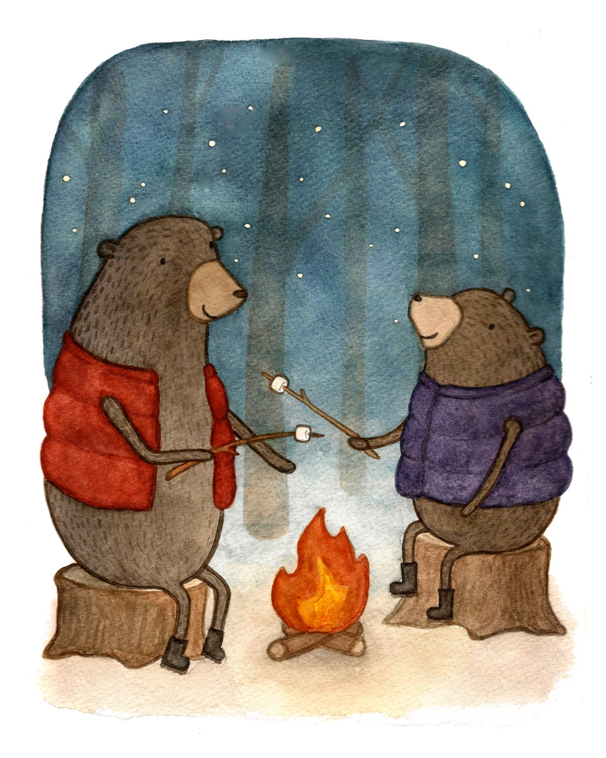 Bears sitting by campfire print8x10 by EllenBurchArt on Etsy