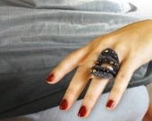 Felt Fabric Statement Ring With Golden Metal Beads, Stacking Ring, Bold Ring, Textile Ring, Large Ring