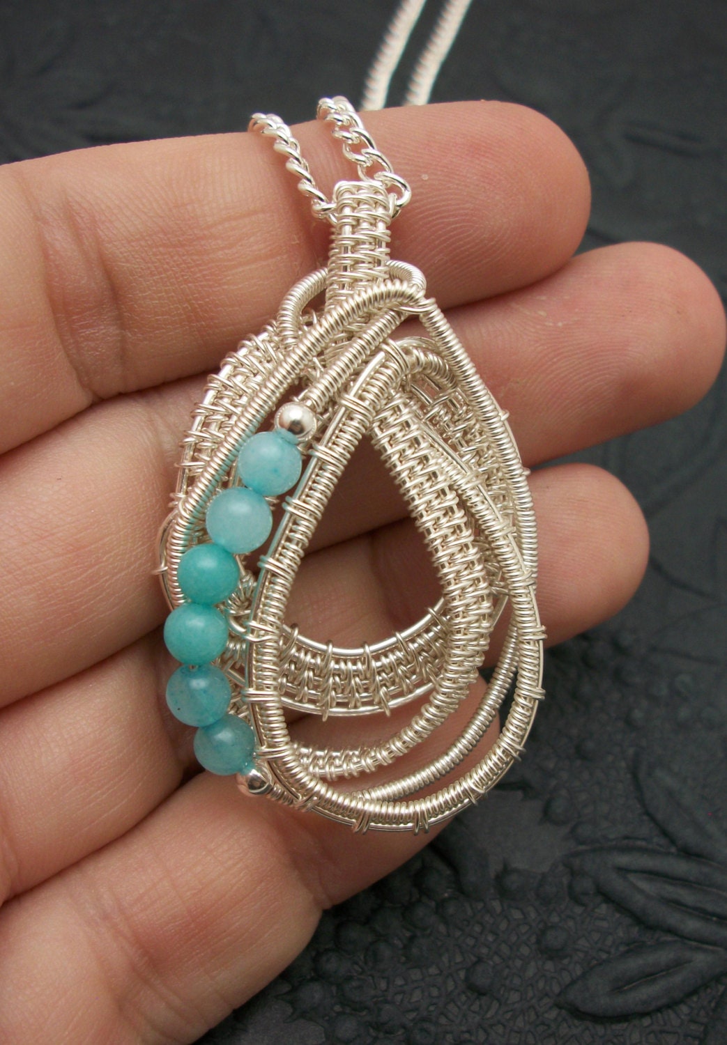 Sterling Silver Wire Wrapped Teardrop Pendant With Amazonite