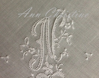 Beautiful N Initial Monogram HAND MONOGRAMMED Handkerchief Hankie UNUSED Vintage Stock Bridal Wedding