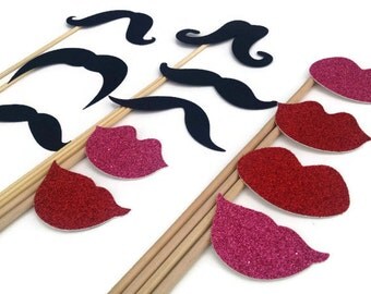 Photo Booth Props - Mustaches and Glitter Lips - 12 Piece Set Photo Booth Set