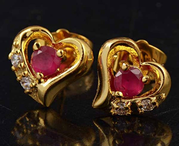 SALE Genuine Ruby Heart Stud Earrings by GlowingEmpire on Etsy