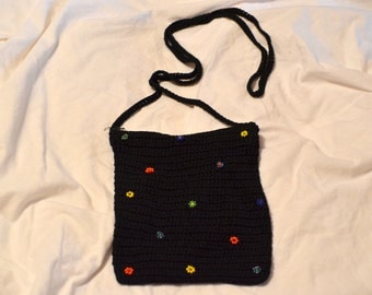 Vintage Black gothic/goth cloth shoulder bag/purse with multicolor garden flowers on it; 1970s hippie 60s style