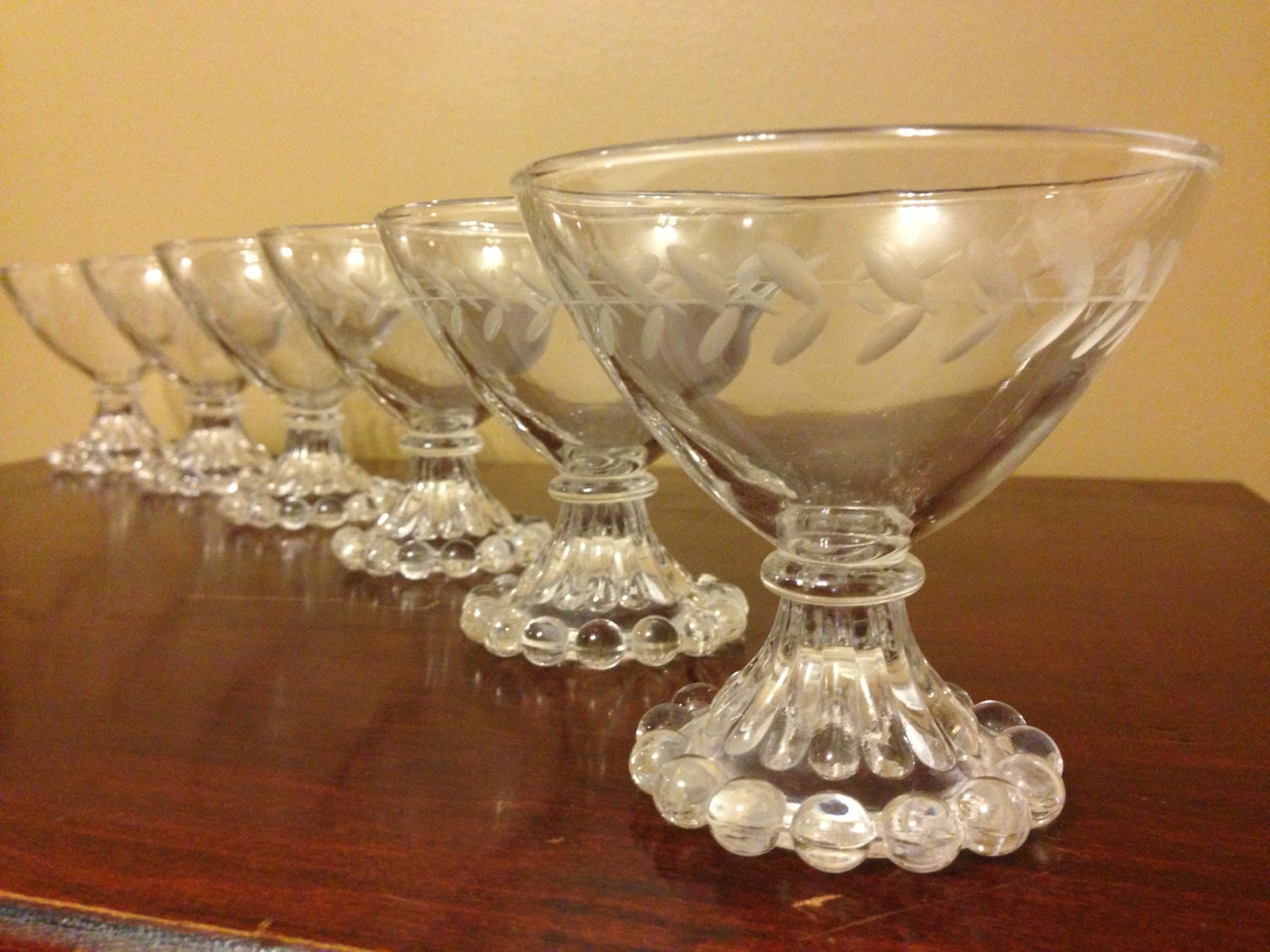 Set of 6 Vintage Etched Dessert Glasses with Beaded by RebornCool