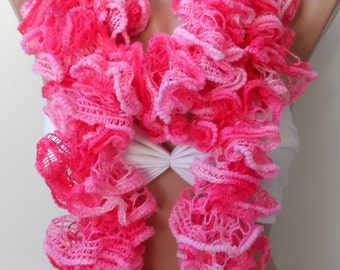 Scarf,Pink ruffle scarf, Christmas scarf, knitted scarf - Frilly scarf - neckwarmer,handmade- Pink winter scarfs, Pink scarf, Knit scarf