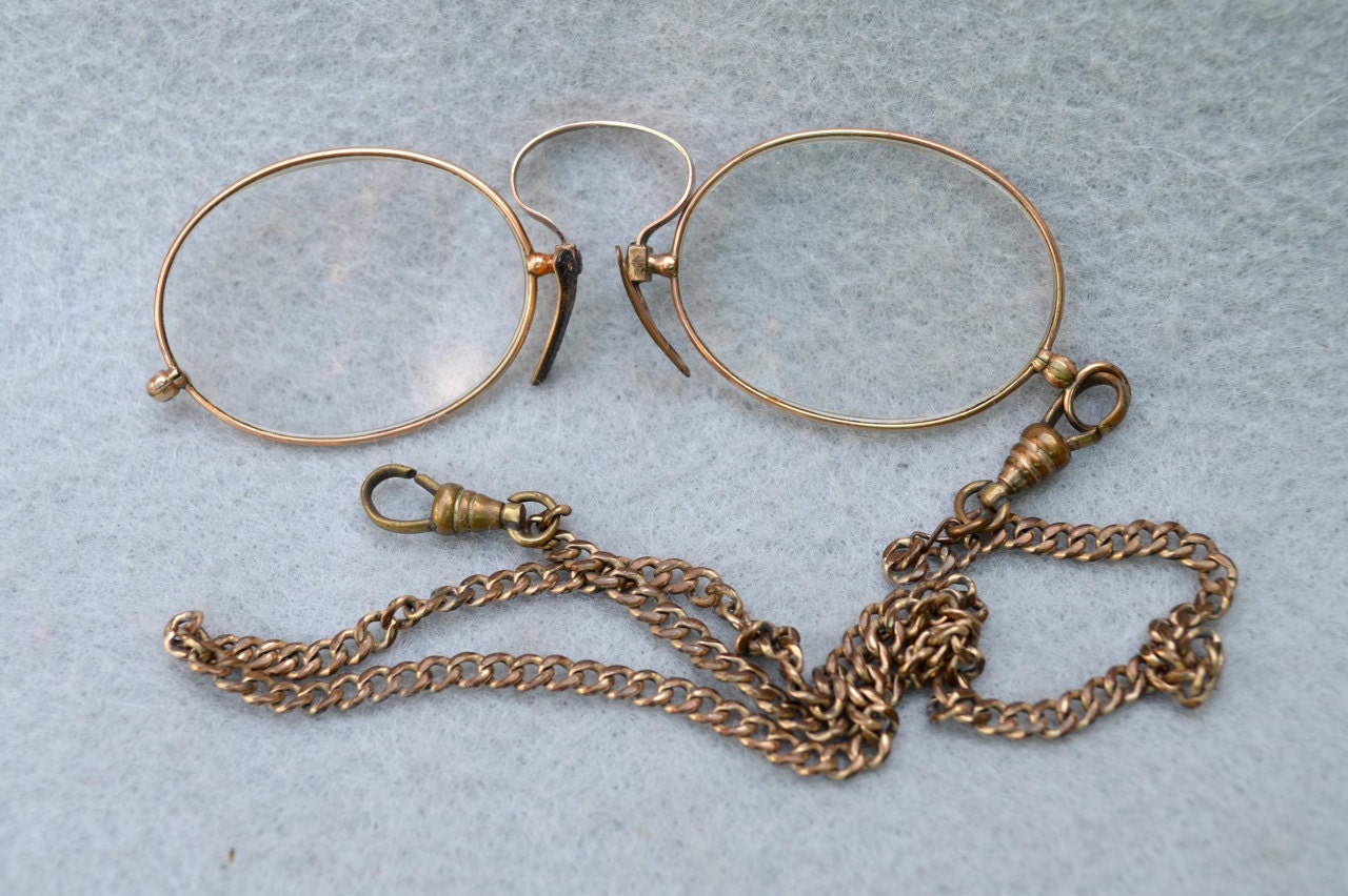 Art Nouveau Antique Pince Nez Glasses with Chain