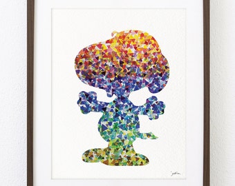 Art Watercolor Painting - Geometric, Snoopy - 8x10 Archival Print - Colorful Art - Cartoons, Snoopy Silhouette Children's Wall Art, Gifts