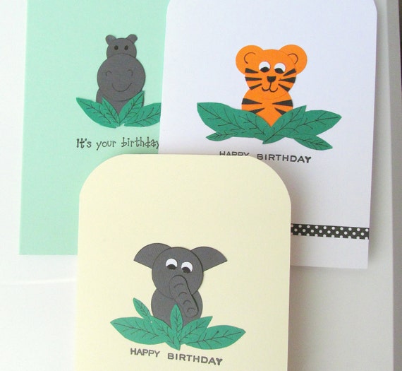 Animal birthday card set: 3 cards featuring a tiger, elephant and hippo. Handmade in the UK. Can be personalised. Perfect for children.