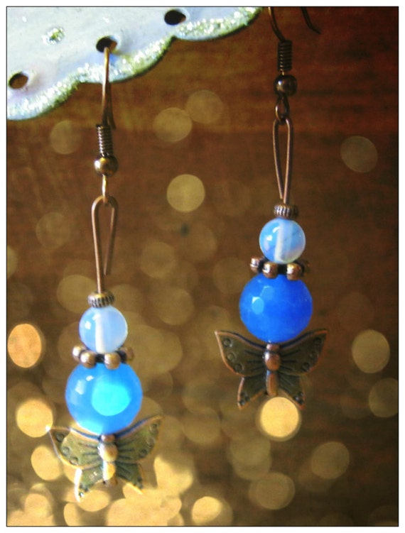 Handmade Copper Hook  Earrings with Facetted Blue Chalcedony & White Opal