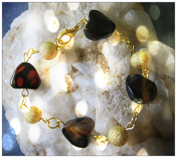 Handmade Gold Bracelet with Obsidian Hearts by IreneDesign2011