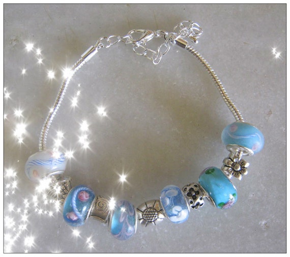 Handmade Silver Bracelet with Blue Glass Beads, European Style by IreneDesign2011