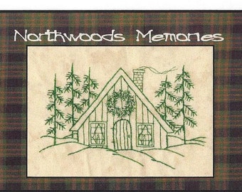 Northwoods Memories Christmas Cottage - Redwork Hand Embroidery Pattern by Beth Ritter - Instant Digital Download
